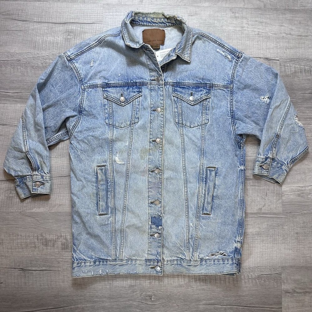 American Eagle Aerie Distressed Women's Oversized Jean Jacket Size Large NEW